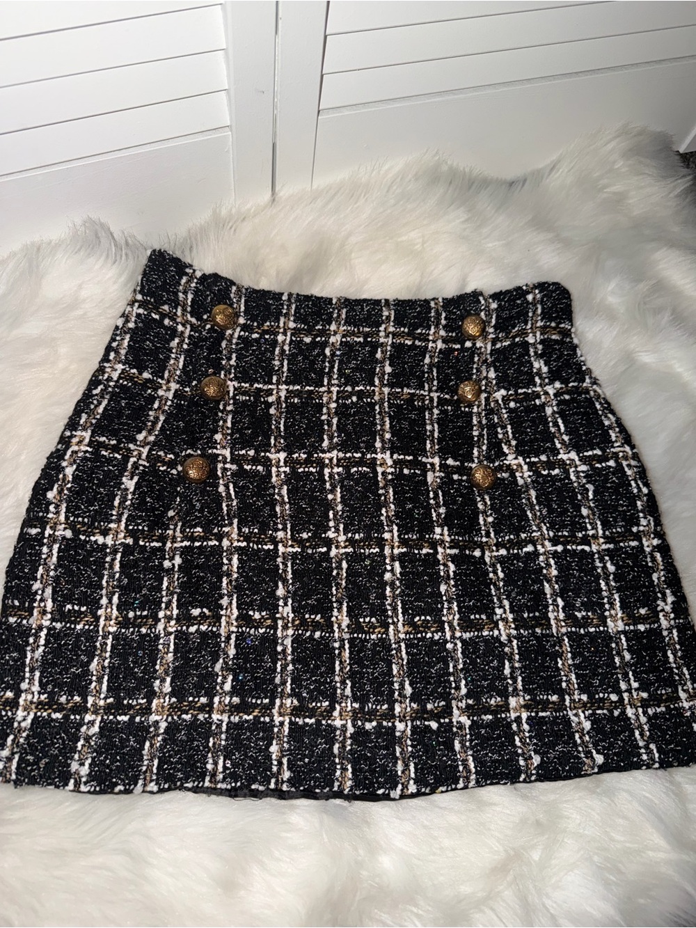 SHEIN Black Tweed Mini Skirt with Gold Buttons